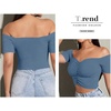 image:imageLYANER Womens Off Shoulder Ruched Short Sleeve Rib Knit Sexy Crop Top BlouseDark Blue