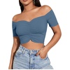 image:imageLYANER Womens Off Shoulder Ruched Short Sleeve Rib Knit Sexy Crop Top BlouseDark Blue