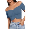 image:imageLYANER Womens Off Shoulder Ruched Short Sleeve Rib Knit Sexy Crop Top BlouseDark Blue