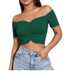 image:imageLYANER Womens Off Shoulder Ruched Short Sleeve Rib Knit Sexy Crop Top BlouseDark Green
