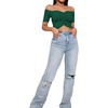 image:imageLYANER Womens Off Shoulder Ruched Short Sleeve Rib Knit Sexy Crop Top BlouseDark Green