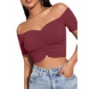 image:imageLYANER Womens Off Shoulder Ruched Short Sleeve Rib Knit Sexy Crop Top BlouseDark Red