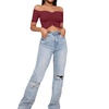 image:imageLYANER Womens Off Shoulder Ruched Short Sleeve Rib Knit Sexy Crop Top BlouseDark Red