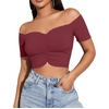 image:imageLYANER Womens Off Shoulder Ruched Short Sleeve Rib Knit Sexy Crop Top BlouseDark Red