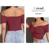 image:imageLYANER Womens Off Shoulder Ruched Short Sleeve Rib Knit Sexy Crop Top BlouseDark Red