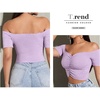image:imageLYANER Womens Off Shoulder Ruched Short Sleeve Rib Knit Sexy Crop Top BlouseLight Purple