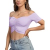 image:imageLYANER Womens Off Shoulder Ruched Short Sleeve Rib Knit Sexy Crop Top BlouseLight Purple