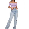 image:imageLYANER Womens Off Shoulder Ruched Short Sleeve Rib Knit Sexy Crop Top BlouseLight Purple