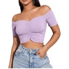 image:imageLYANER Womens Off Shoulder Ruched Short Sleeve Rib Knit Sexy Crop Top BlouseLight Purple