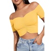 image:imageLYANER Womens Off Shoulder Ruched Short Sleeve Rib Knit Sexy Crop Top BlouseLight Yellow
