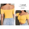 image:imageLYANER Womens Off Shoulder Ruched Short Sleeve Rib Knit Sexy Crop Top BlouseLight Yellow