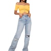 image:imageLYANER Womens Off Shoulder Ruched Short Sleeve Rib Knit Sexy Crop Top BlouseLight Yellow