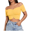 image:imageLYANER Womens Off Shoulder Ruched Short Sleeve Rib Knit Sexy Crop Top BlouseLight Yellow