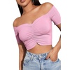 image:imageLYANER Womens Off Shoulder Ruched Short Sleeve Rib Knit Sexy Crop Top BlousePink
