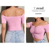 image:imageLYANER Womens Off Shoulder Ruched Short Sleeve Rib Knit Sexy Crop Top BlousePink