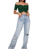 image:imageLYANER Womens Off Shoulder Ruched Short Sleeve Rib Knit Sexy Crop Top BlousePlain Dark Green