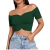 image:imageLYANER Womens Off Shoulder Ruched Short Sleeve Rib Knit Sexy Crop Top BlousePlain Dark Green