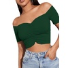 image:imageLYANER Womens Off Shoulder Ruched Short Sleeve Rib Knit Sexy Crop Top BlousePlain Dark Green