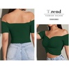image:imageLYANER Womens Off Shoulder Ruched Short Sleeve Rib Knit Sexy Crop Top BlousePlain Dark Green