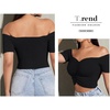 image:imageLYANER Womens Off Shoulder Ruched Short Sleeve Rib Knit Sexy Crop Top BlousePure Black