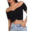 image:imageLYANER Womens Off Shoulder Ruched Short Sleeve Rib Knit Sexy Crop Top BlousePure Black