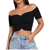 image:imageLYANER Womens Off Shoulder Ruched Short Sleeve Rib Knit Sexy Crop Top BlousePure Black