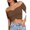 image:imageLYANER Womens Off Shoulder Ruched Short Sleeve Rib Knit Sexy Crop Top BlousePure Brown