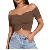 image:imageLYANER Womens Off Shoulder Ruched Short Sleeve Rib Knit Sexy Crop Top BlousePure Brown