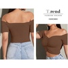 image:imageLYANER Womens Off Shoulder Ruched Short Sleeve Rib Knit Sexy Crop Top BlousePure Brown