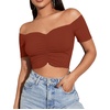 image:imageLYANER Womens Off Shoulder Ruched Short Sleeve Rib Knit Sexy Crop Top BlousePure Caramel