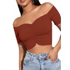 image:imageLYANER Womens Off Shoulder Ruched Short Sleeve Rib Knit Sexy Crop Top BlousePure Caramel