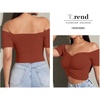 image:imageLYANER Womens Off Shoulder Ruched Short Sleeve Rib Knit Sexy Crop Top BlousePure Caramel