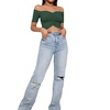 image:imageLYANER Womens Off Shoulder Ruched Short Sleeve Rib Knit Sexy Crop Top BlousePure Dark Green