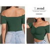 image:imageLYANER Womens Off Shoulder Ruched Short Sleeve Rib Knit Sexy Crop Top BlousePure Dark Green