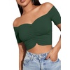 image:imageLYANER Womens Off Shoulder Ruched Short Sleeve Rib Knit Sexy Crop Top BlousePure Dark Green