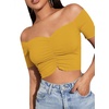 image:imageLYANER Womens Off Shoulder Ruched Short Sleeve Rib Knit Sexy Crop Top BlousePure Ginger