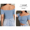 image:imageLYANER Womens Off Shoulder Ruched Short Sleeve Rib Knit Sexy Crop Top BlousePure Light Blue