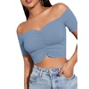 image:imageLYANER Womens Off Shoulder Ruched Short Sleeve Rib Knit Sexy Crop Top BlousePure Light Blue