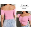 image:imageLYANER Womens Off Shoulder Ruched Short Sleeve Rib Knit Sexy Crop Top BlousePure Light Pink