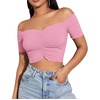 image:imageLYANER Womens Off Shoulder Ruched Short Sleeve Rib Knit Sexy Crop Top BlousePure Light Pink