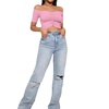 image:imageLYANER Womens Off Shoulder Ruched Short Sleeve Rib Knit Sexy Crop Top BlousePure Light Pink