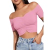 image:imageLYANER Womens Off Shoulder Ruched Short Sleeve Rib Knit Sexy Crop Top BlousePure Light Pink
