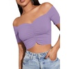 image:imageLYANER Womens Off Shoulder Ruched Short Sleeve Rib Knit Sexy Crop Top BlousePure Light Purple