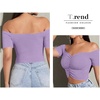 image:imageLYANER Womens Off Shoulder Ruched Short Sleeve Rib Knit Sexy Crop Top BlousePure Light Purple