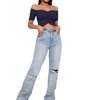 image:imageLYANER Womens Off Shoulder Ruched Short Sleeve Rib Knit Sexy Crop Top BlousePure Navy Blue