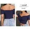 image:imageLYANER Womens Off Shoulder Ruched Short Sleeve Rib Knit Sexy Crop Top BlousePure Navy Blue