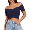 image:imageLYANER Womens Off Shoulder Ruched Short Sleeve Rib Knit Sexy Crop Top BlousePure Navy Blue