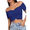 image:imageLYANER Womens Off Shoulder Ruched Short Sleeve Rib Knit Sexy Crop Top BlousePure Royal Blue
