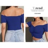 image:imageLYANER Womens Off Shoulder Ruched Short Sleeve Rib Knit Sexy Crop Top BlousePure Royal Blue