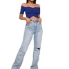 image:imageLYANER Womens Off Shoulder Ruched Short Sleeve Rib Knit Sexy Crop Top BlousePure Royal Blue